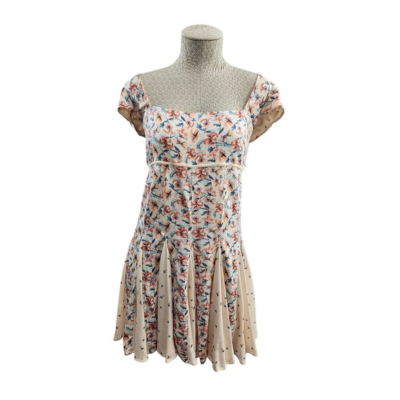 Free People Dresses & Skirts - Free People Floral Ponderosa Cutout Godet Mini Dress Lace Up Back Large Boho EUC